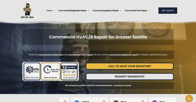 A/C Dr. Naz website hero — commercial HVAC/R repair for Greater Seattle