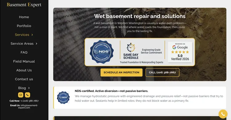 Basement Expert website hero, basement waterproofing for Puget Sound