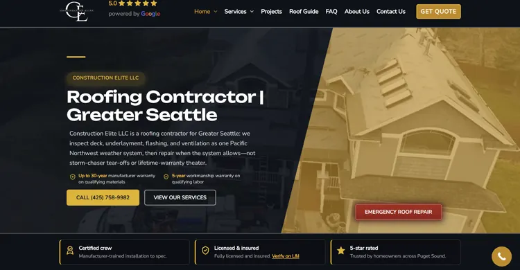 Construction Elite LLC website hero, roofing contractor for Greater Seattle